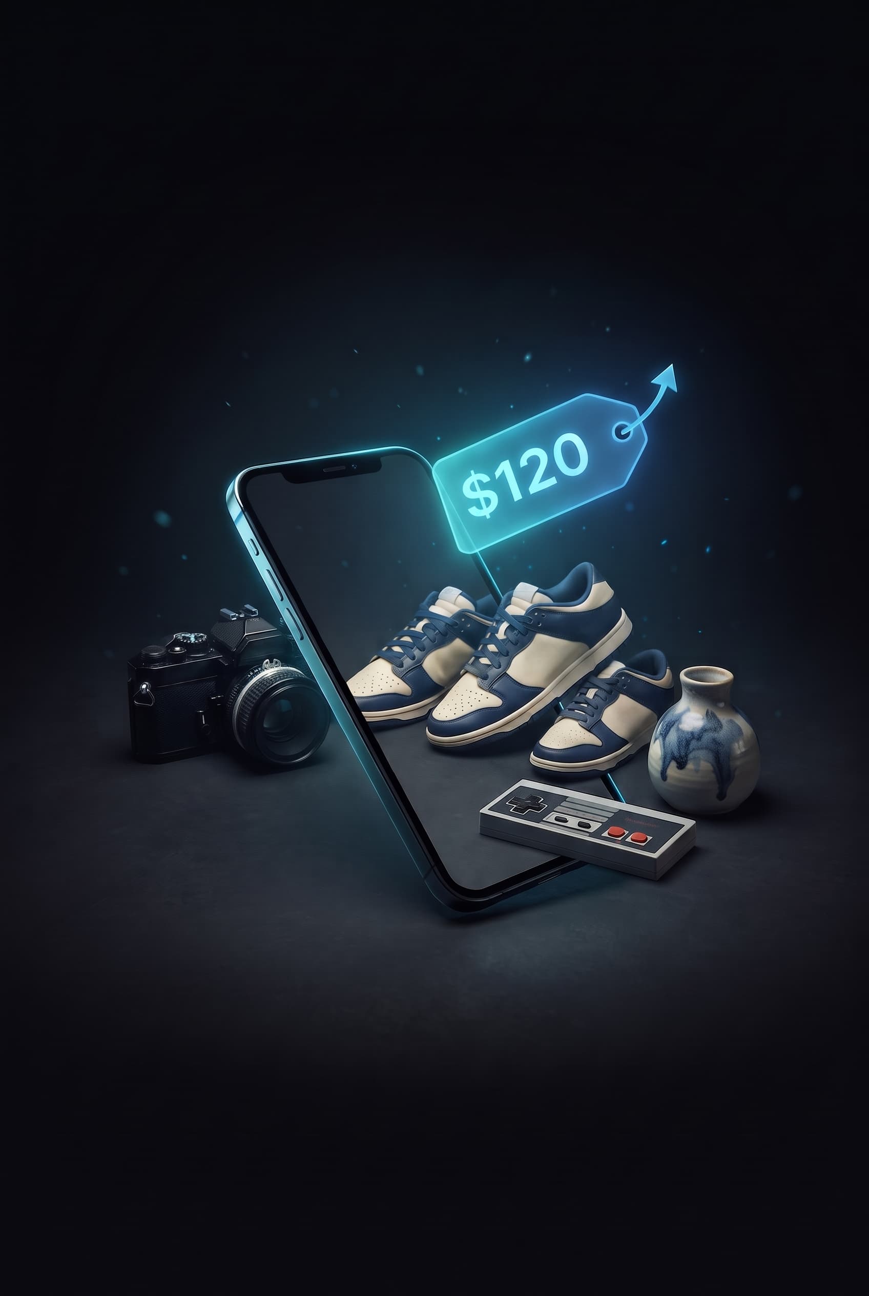 A phone appraising secondhand items with a glowing price tag