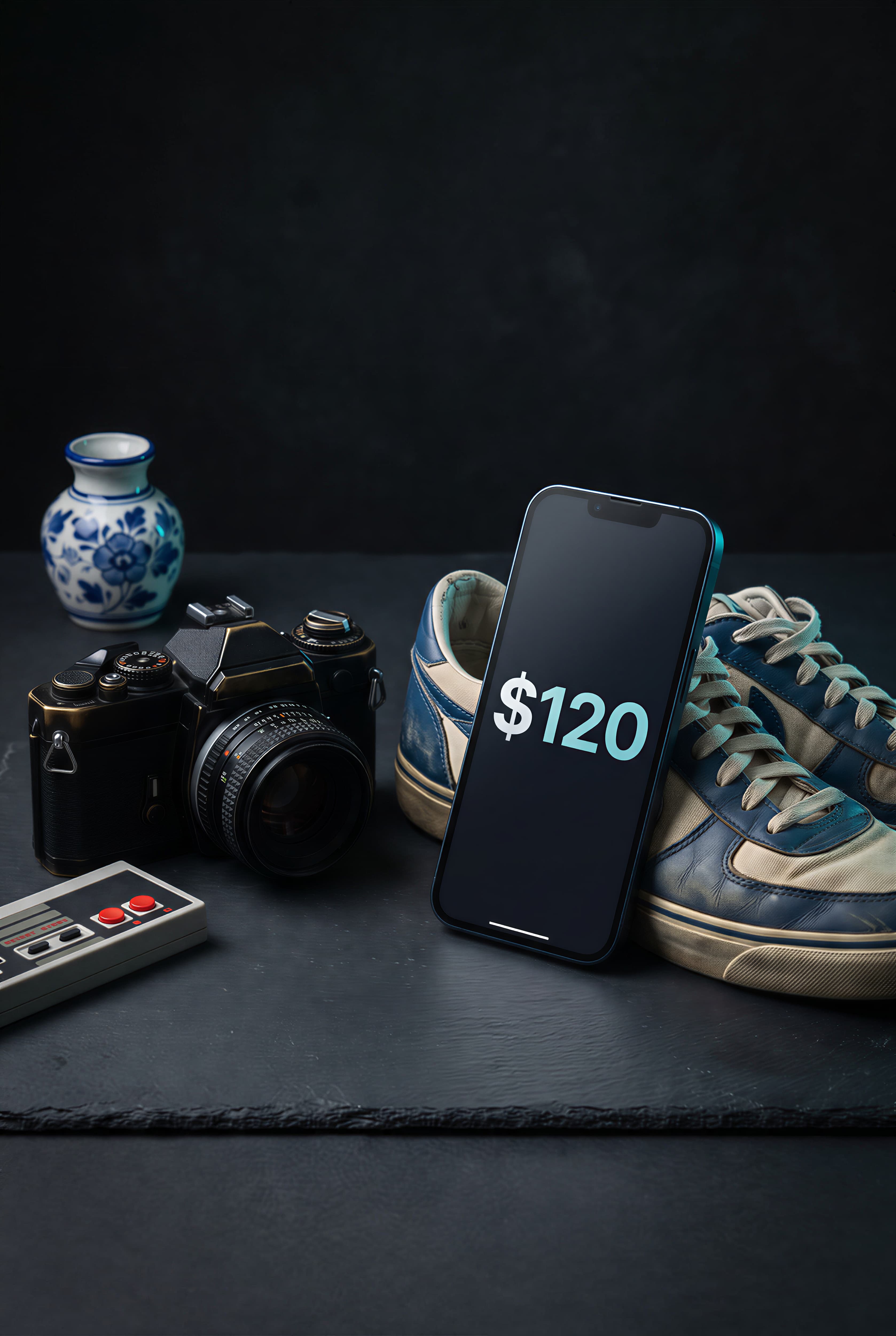 A phone appraising secondhand items with a glowing price tag