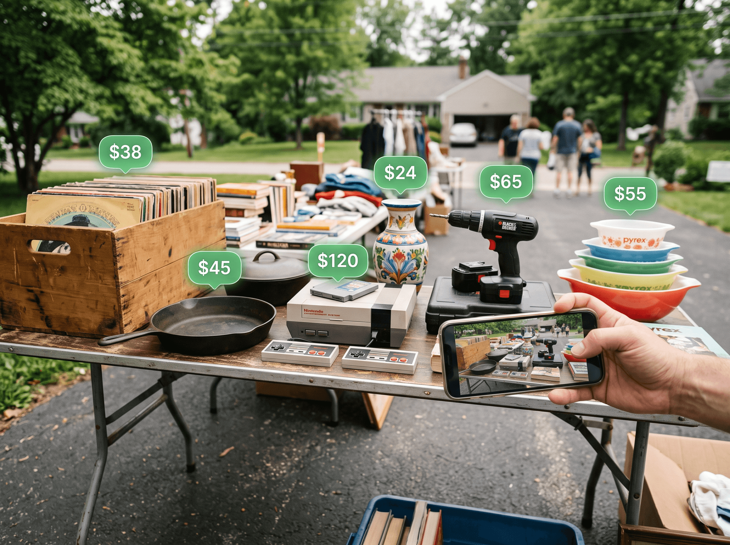 A garage sale table where every item shows its resale price