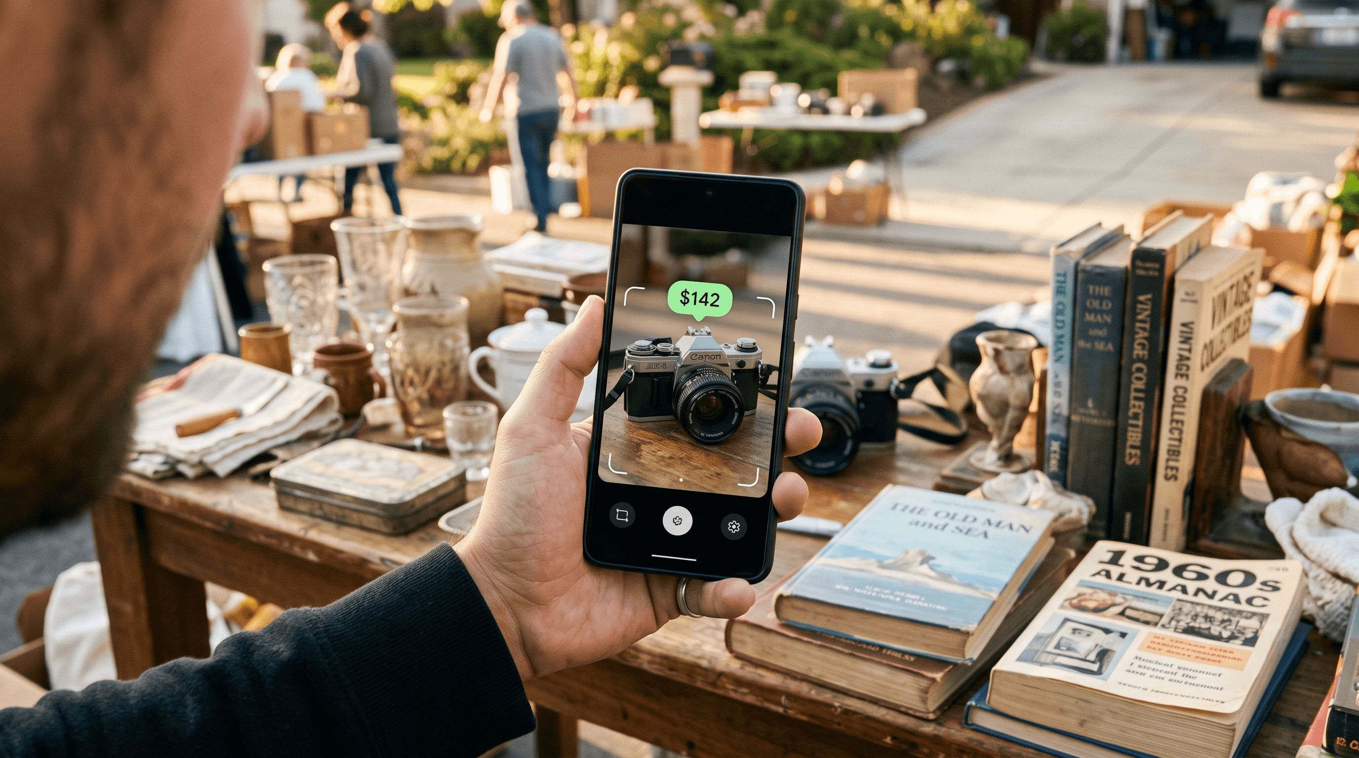 Snapping a photo of a vintage camera at a garage sale with ValueSnap showing its price